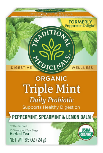 Traditional Medicinals Triple Mint Delight Probiotics Peppermint Spearmint Lemon Balm 16bags