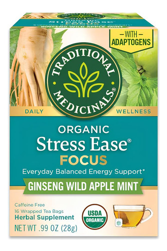 Traditional Medicinals Stress ease Focus Gingseng Wild Apple Mint 16bags