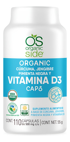 [SIDE21D3CJ110F] Organic Side Curcuma Jengibre Pimienta Negra Y Vitamina D3 110caps